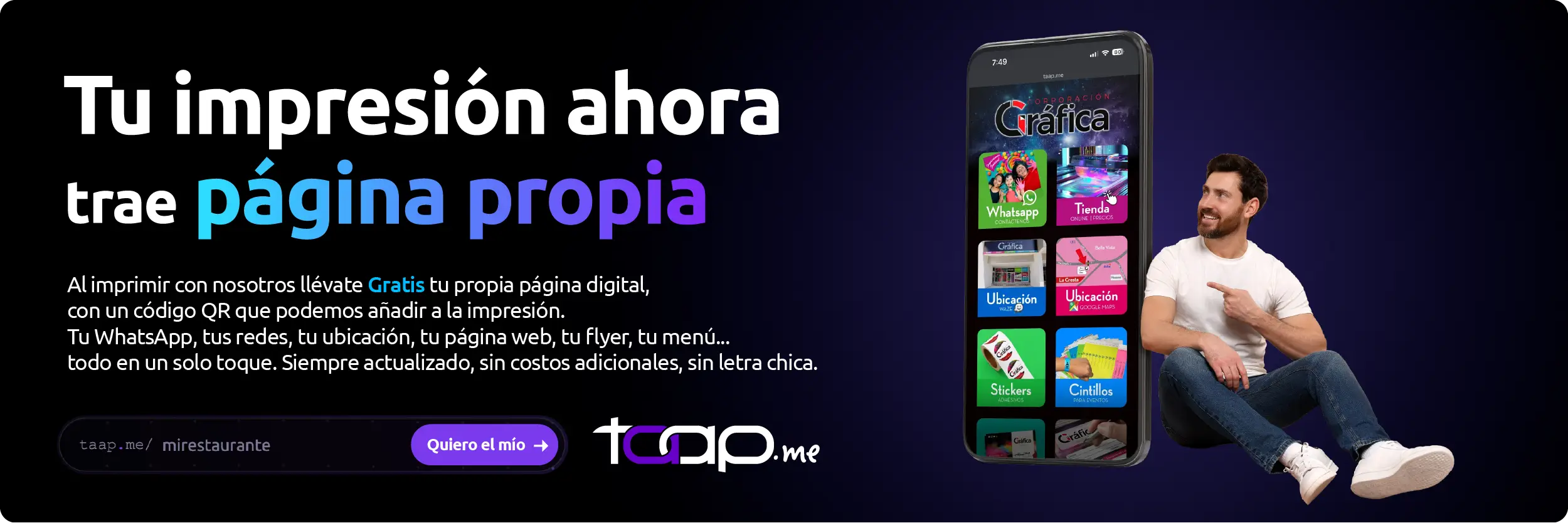 Con tu paquete taap.cards te dejamos lista tu página digital taap.me gratis: tu menú, redes, WhatsApp y ubicación en un solo link con QR